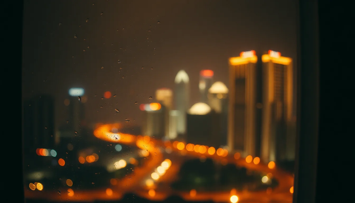 A Singapore skyline at 2am, viewed through a rain-spotted apartment window