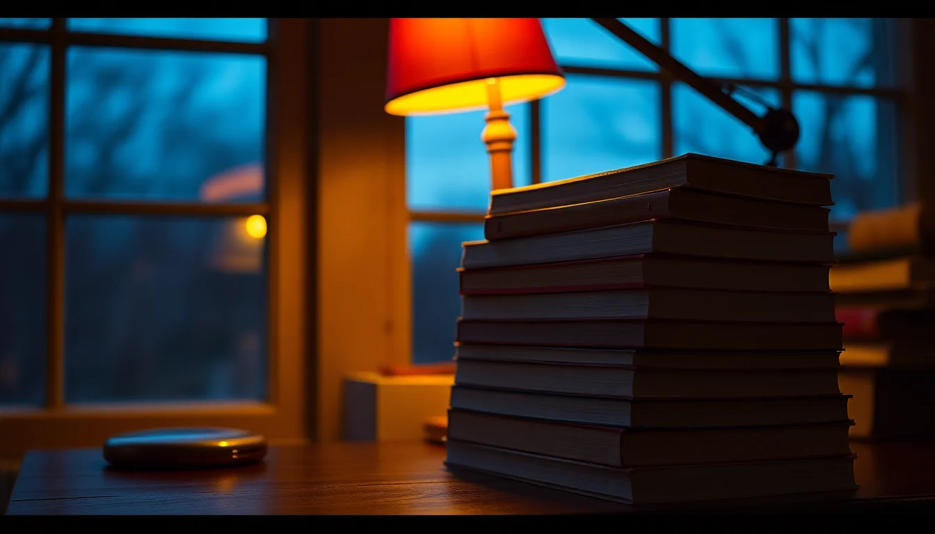 A stack of well-worn paperback books on a desk near a window at evening, lamp light against dusk