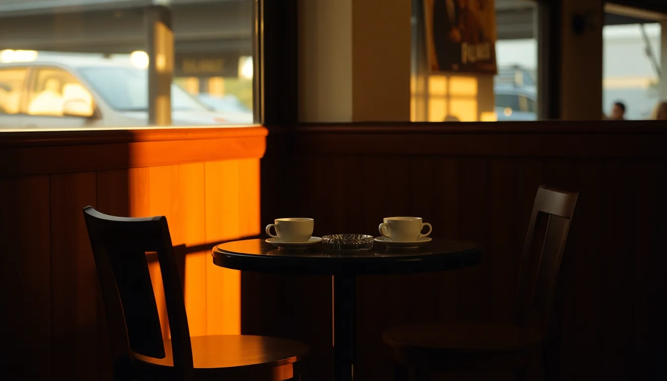 Two empty chairs at a small table with two coffee cups in a quiet cafe at golden hour