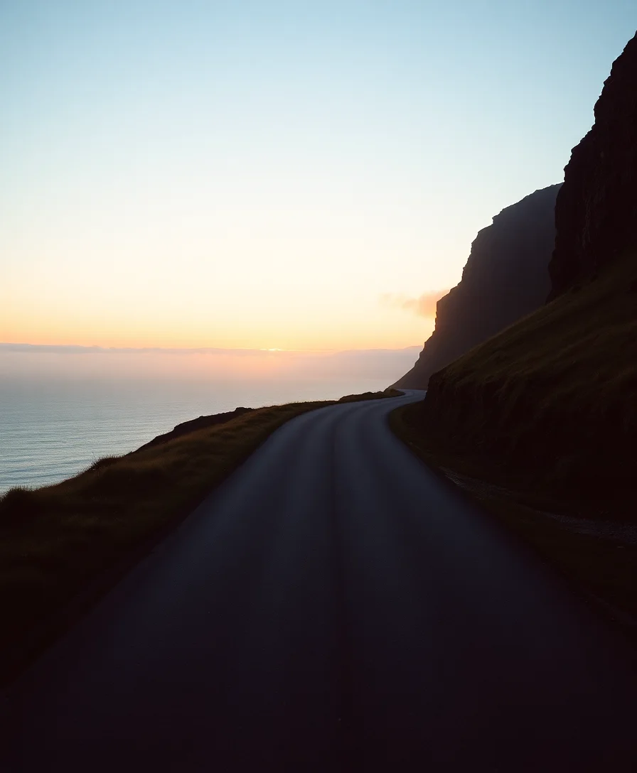 An empty coastal road curving toward a dawn horizon over the sea, warm light breaking ahead