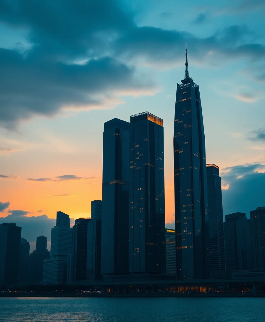 A financial district skyline at blue hour, an amber sunset glow at the horizon fading to deep indigo, towers lit with warm windows