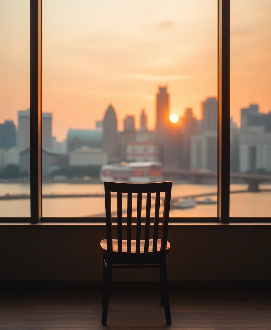 A single empty wooden chair facing a window with a blurred Singapore skyline at golden hour