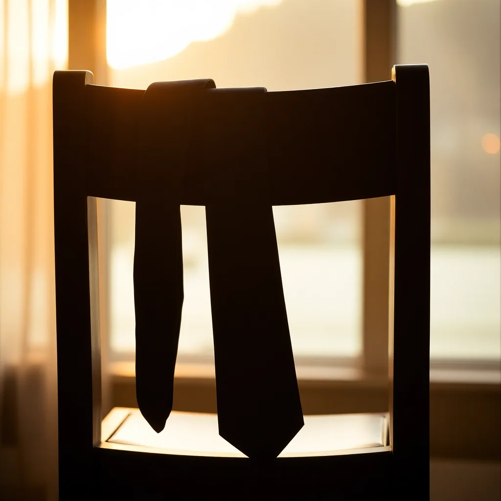 A dark navy silk necktie loosely draped over the back of a wooden chair at golden hour