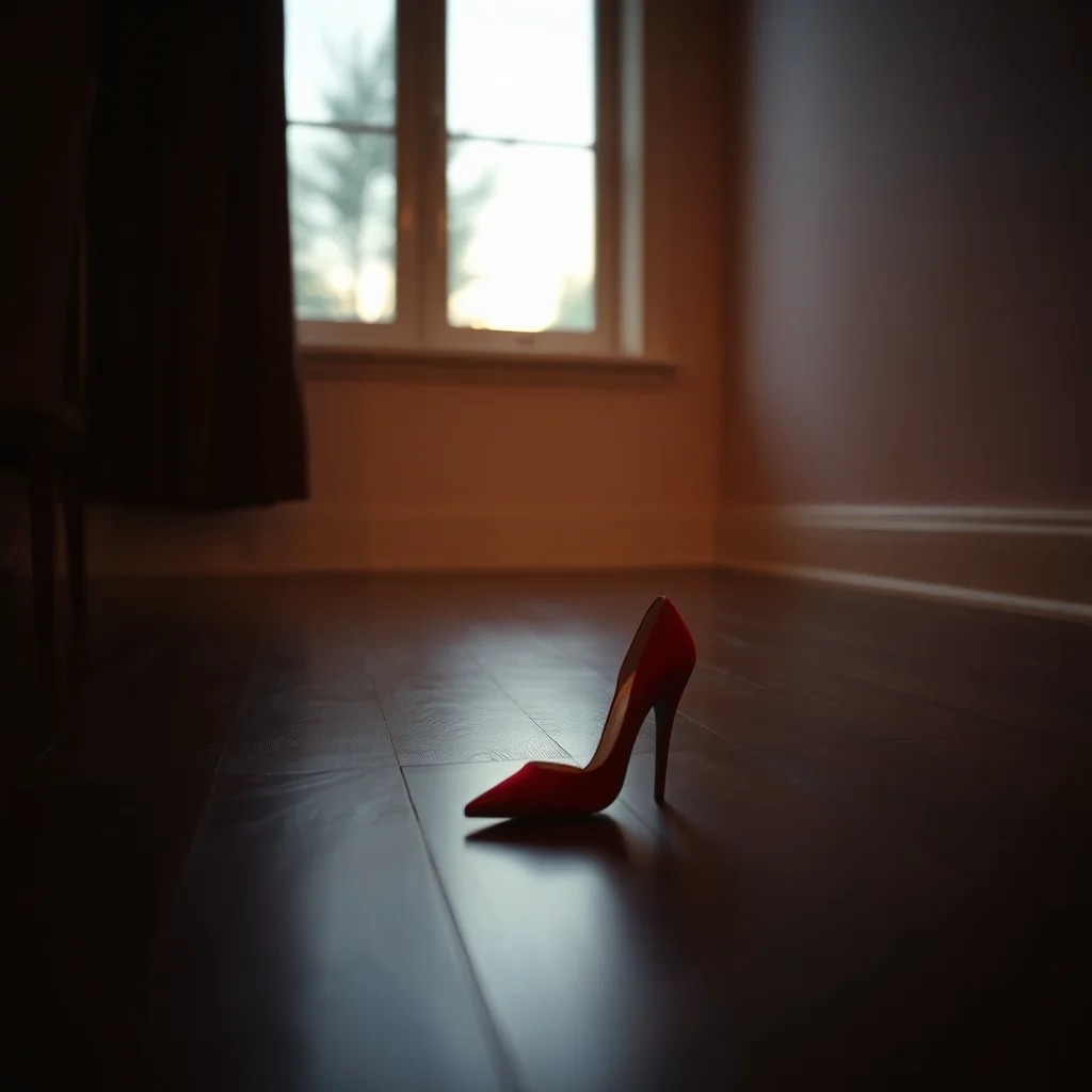 A red high-heeled shoe on a dark polished wooden floor at dusk