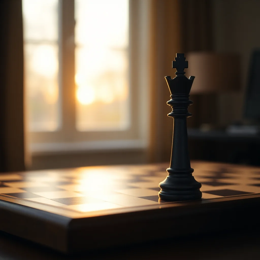 A carved wooden king chess piece on a polished chessboard at golden hour