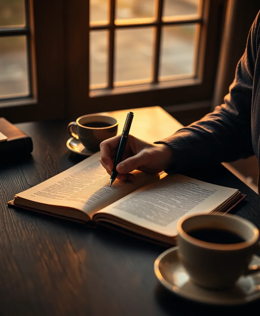 A hand writing in a leather journal on a wooden desk near a window at golden hour